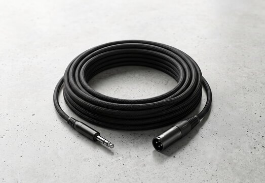 Professional Black Coiled XLR to TRS Audio Microphone Cable on Concrete Floor