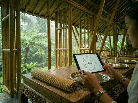 Young businesswoman analyzing sustainable supply chain diagram on digital tablet in tropical bamboo office, green logistics and eco friendly business concept