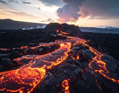 Fiery lava flows through rugged volcanic landscape