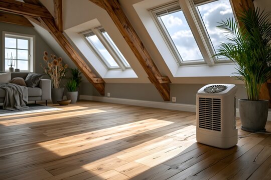 Mobile Klimaanlage k&uuml;hlt helle Dachwohnung w&auml;hrend einer extremen Sommerhitzewelle