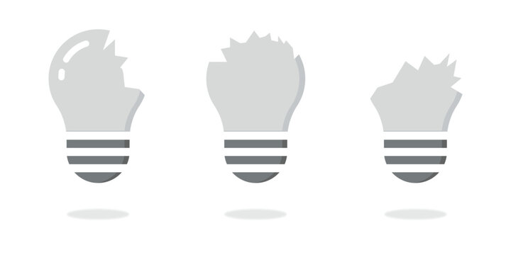 Broken lamp concept on white background. Set of crashed bulb. Cartoon vector
