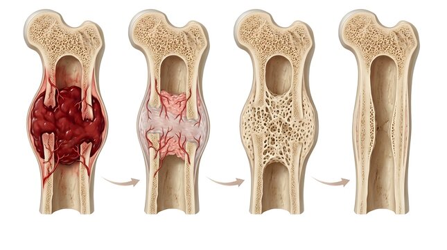 Medical illustration of bone fracture healing stages including hematoma callus formation and remodeling