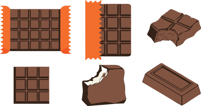 Set of chocolate bar vector illustrations with different shapes and bite marks