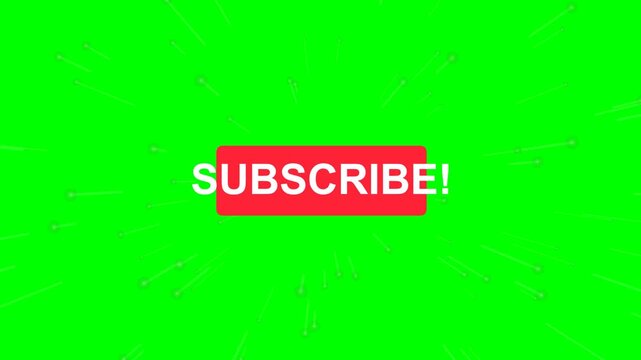 Dynamic animated subscribe button with exclamation mark, ideal for video content creators seeking an engaging call to action on a vibrant green screen background