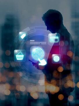 A young man is scanning his fingerprint to log into a social networking site against a blue background.