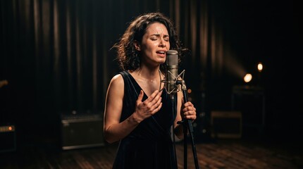 Obraz premium Emotional woman singing into professional microphone on dark stage