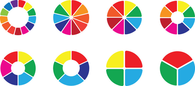Pie chart icon set with segmented circle symbols, editable EPS vector, isolated, clean infographic design.