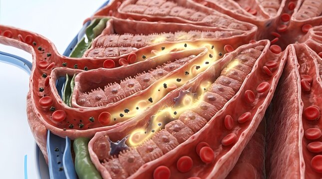 Microscopic 3D rendering of human mammary gland tissue showing lactiferous duct secretion and blood circulation