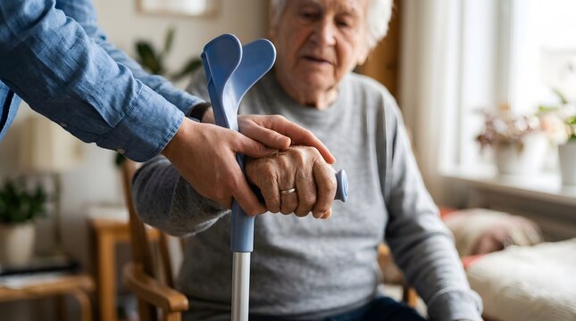 Elderly care supportive hand assisting senior woman with crutch