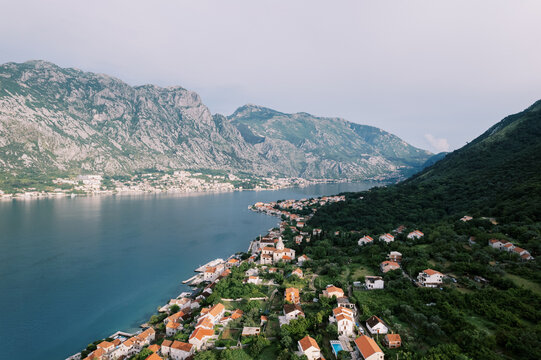 Aerial View of Prcanj Village and Bay of Kotor Montenegro