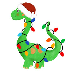 Cute Christmas dinosaur with Santa hat and colorful tangled lights sublimation design © BettiBG