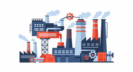 Fototapeta premium Stylized industrial complex with tall smokestacks emitting clouds of smoke