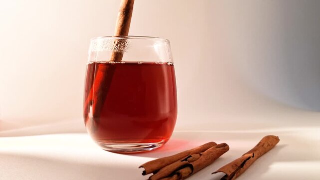 Warm herbal tea steeps with a cinnamon stick in a clear glass creating a cozy and aromatic beverage perfect for relaxation or a cold day