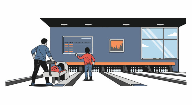 Two people at a bowling alley one near a ball return the other looking at a scoreboard