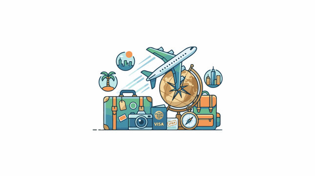 A colorful illustration of travel-related items including a plane luggage and a globe