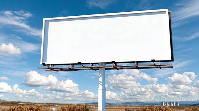 A large blank outdoor billboard mounted on a single pole under a bright blue sky with scattered clouds, providing ample copy space for advertising