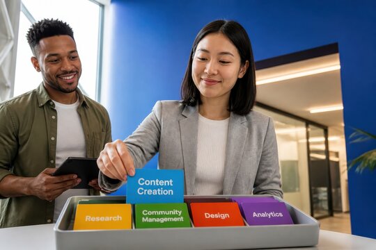Confident content creation team in a modern office planning workflow