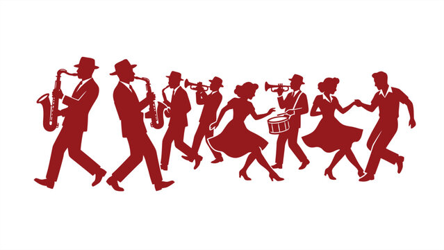 Red silhouette illustration of vintage jazz band and swing dancers isolated on white background. Vector illustration EPS 10.