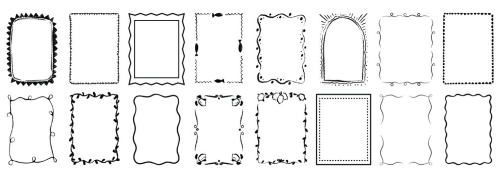  Doodle coastal frame set, hand drawn colorful border collection. Minimal hand drawn square arch and rectangle shapes kit. Elegant retro empty banner, poster, placard, postal stamp. Doodle frame decor