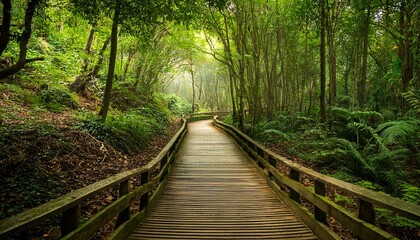Obraz premium A Wooden Walkway Through A Leafy Green Forest Chine