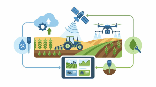 A modern farming scene depicting technology integration with a tractor drone satellite and tablet in a field