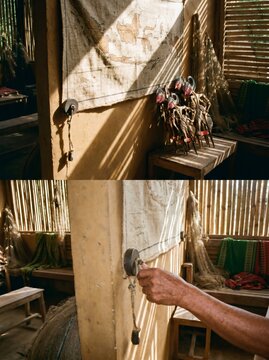 Diptych of traditional Indonesian shadow puppets with map and older artisan hand pulling rope, cultural heritage and local community concept