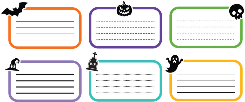 Cute Halloween Note Card and Blank Label Frame Template Set with Spooky Ghost Pumpkin Skull and Bat Elements for School Stationery
