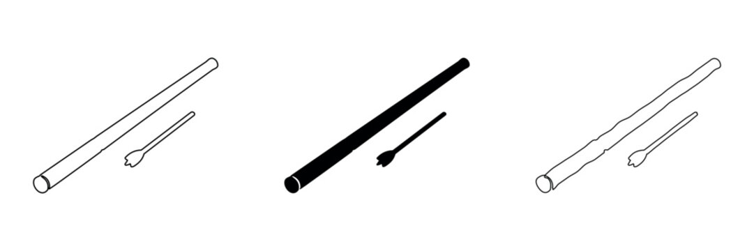 Set of three drill bits and a wooden dowel in outline, solid, and hand-drawn styles