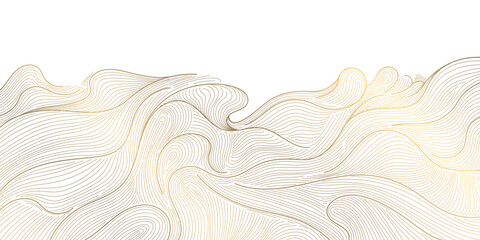 Luxury Japanese wave pattern with elegant golden line art, flowing sea curves, abstract water background. Nature wallpaper, packaging, wine labels, ocean posters, branding ornament © marylia17