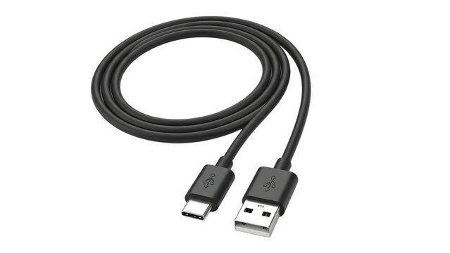 Black usb type c charging cable for mobile devices isolated on transparent background