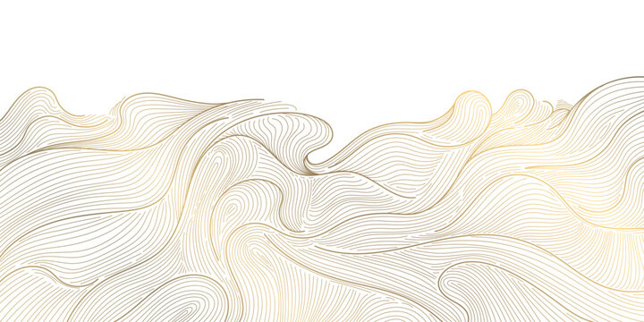 Luxury Japanese wave pattern with elegant golden line art, flowing sea curves, abstract water background. Nature wallpaper, packaging, wine labels, ocean posters, branding ornament
