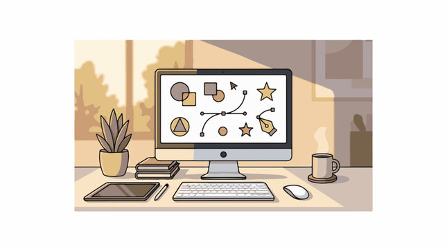 Stylized illustration of a computer on a desk with office supplies plant
