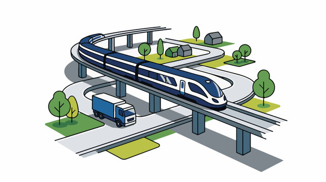 Monorail Train Traveling Over Highway Bridge.