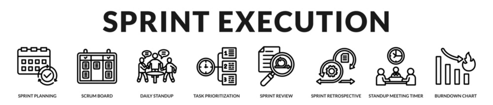 Agile sprint management collection featuring planning, execution, prioritization, review, and performance tracking for efficient software development teams in Lineal Icon Style