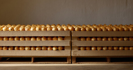 Naklejka premium Large stacks of onions in storage crates