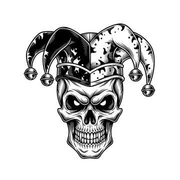 Detailed jester skull wearing a classic three-pointed bell hat