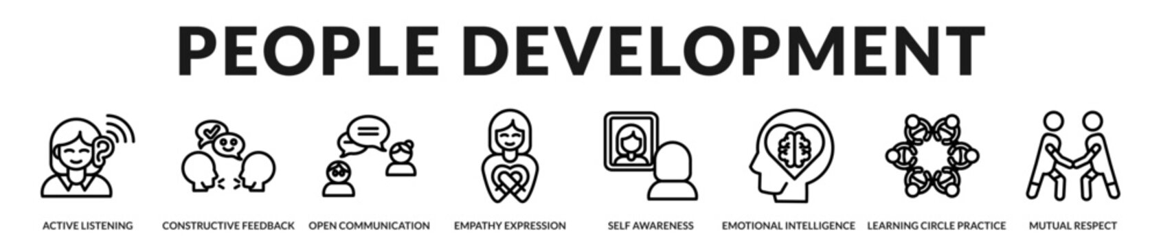 People development collection promoting communication, empathy, coaching, and mutual respect to strengthen workplace relationships and professional growth in Lineal Icon Style