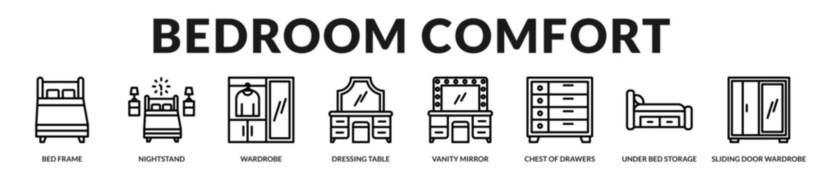 Bedroom furniture collection showcasing storage, organization, and stylish furnishings designed for comfortable modern living spaces in Lineal Icon Style