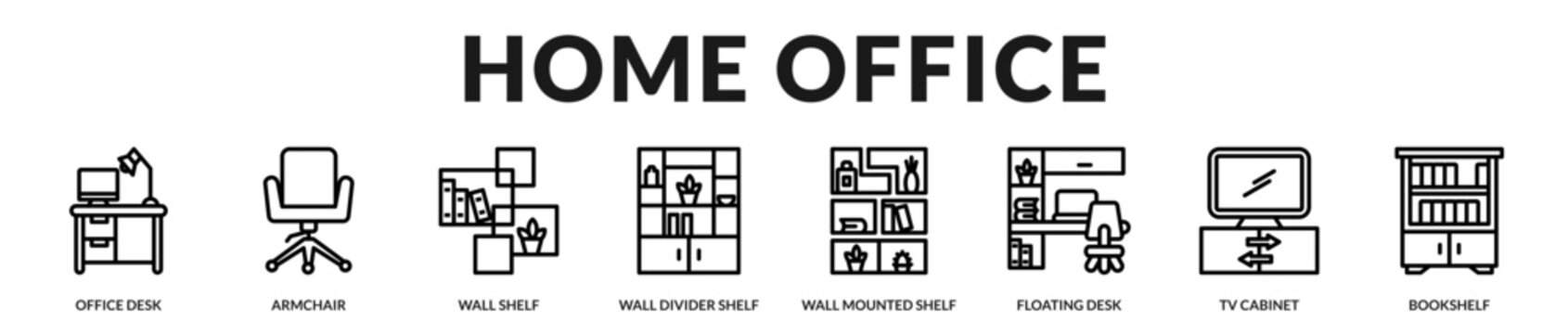 Home office furniture collection combining ergonomic workspaces, shelving, and storage for productive remote working environments in Lineal Icon Style