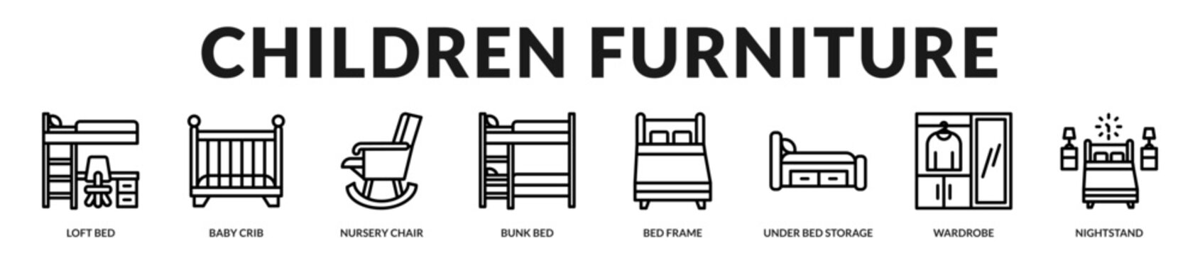 Children's bedroom furniture collection featuring safe sleeping solutions, nursery essentials, and practical storage for growing families in Lineal Icon Style