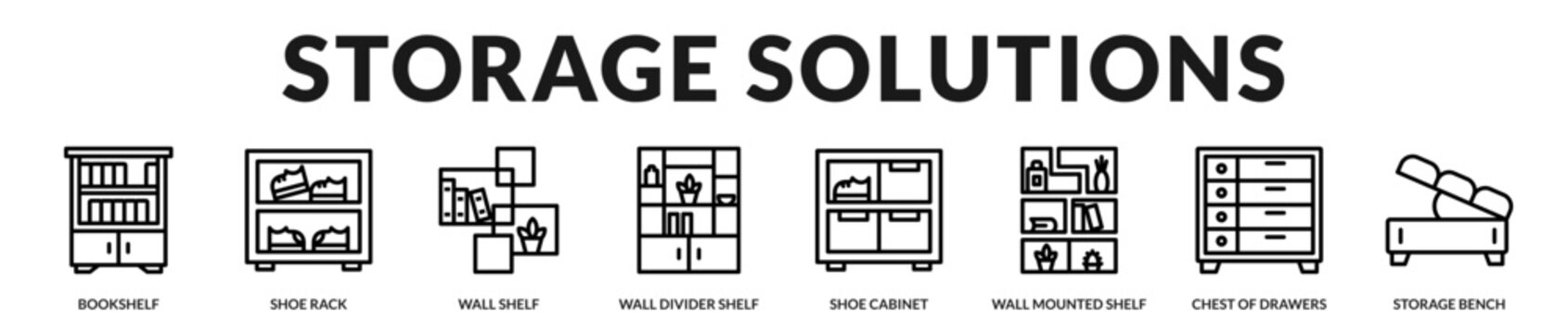 Home storage furniture collection featuring shelves, cabinets, drawers, and organizers designed to maximize space and interior efficiency in Lineal Icon Style