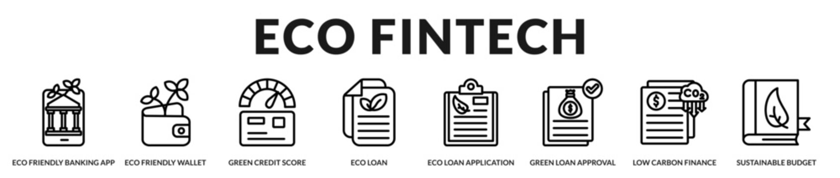 Eco fintech collection featuring sustainable digital banking, green lending, smart budgeting, and environmentally responsible financial technology in Lineal Icon Style