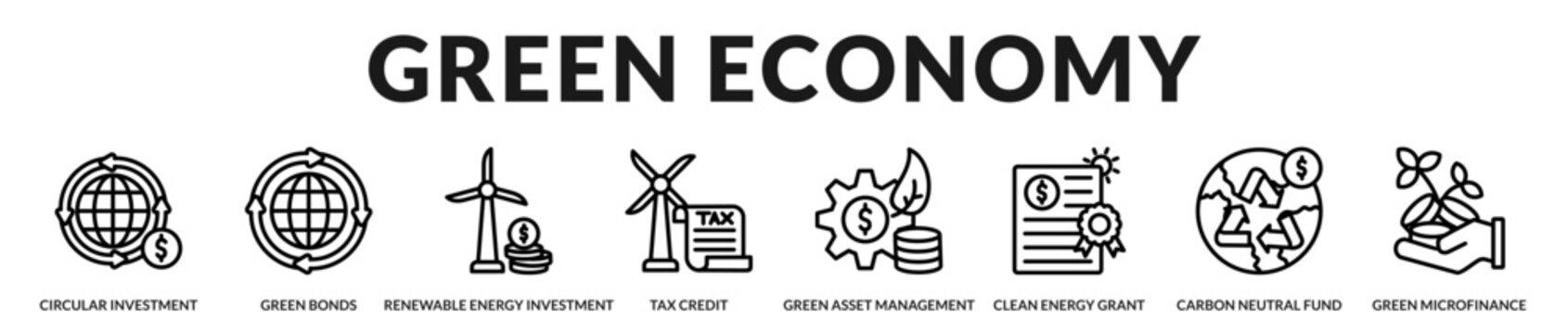Green economy collection illustrating renewable investments, circular finance, clean energy funding, and sustainable economic development initiatives in Lineal Icon Style
