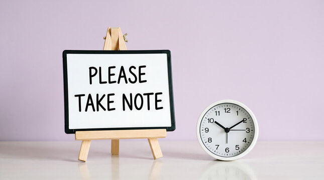 Reminder sign, clock on table, PLEASE TAKE NOTE message, office still life