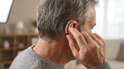 Fototapeta premium A person adjusting their hearing aid volume with a small dial, fine texture of the device visible against their ear and hair, soft indoor lighting - hearing aid volume adjustment