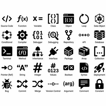 Comprehensive set of programming and software development icons, illustrating various concepts like source code, functions, debugging, data structures, and version control.