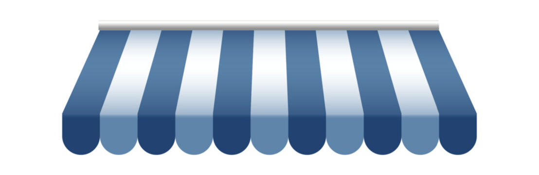 Striped blue vector awnings for storefronts market stalls or cafes isolated on white background perfect for summer design themes.