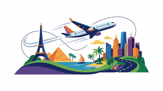 Colorful travel illustration with iconic landmarks and transportation