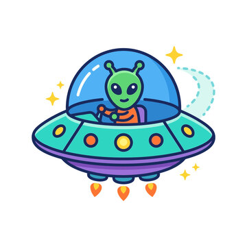 Cute Alien Flying Ufo Spaceship, Sci-Fi Cartoon Character, Outer Space Adventure