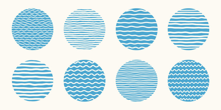 Set of eight blue circles containing hand-drawn white wavy and straight horizontal line patterns on a cream background